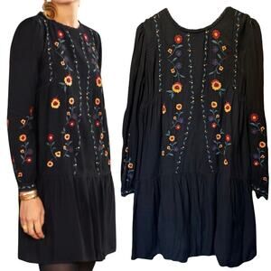 SEZANE Elise Dress Black Floral Embroidery Long Sleeves Robe Mini Tunic 42 US 10